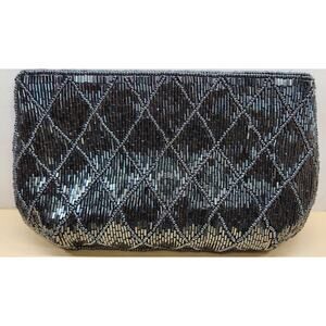 Vintage La Regale Ltd Black Beaded Satin Small Evening Clutch Purse see pics